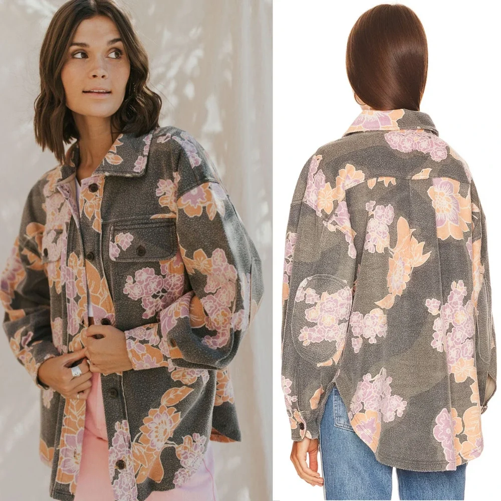 NEW Free People Ruby Printed Jacket Shacket Indie Sleaze Charcoal Combo $178